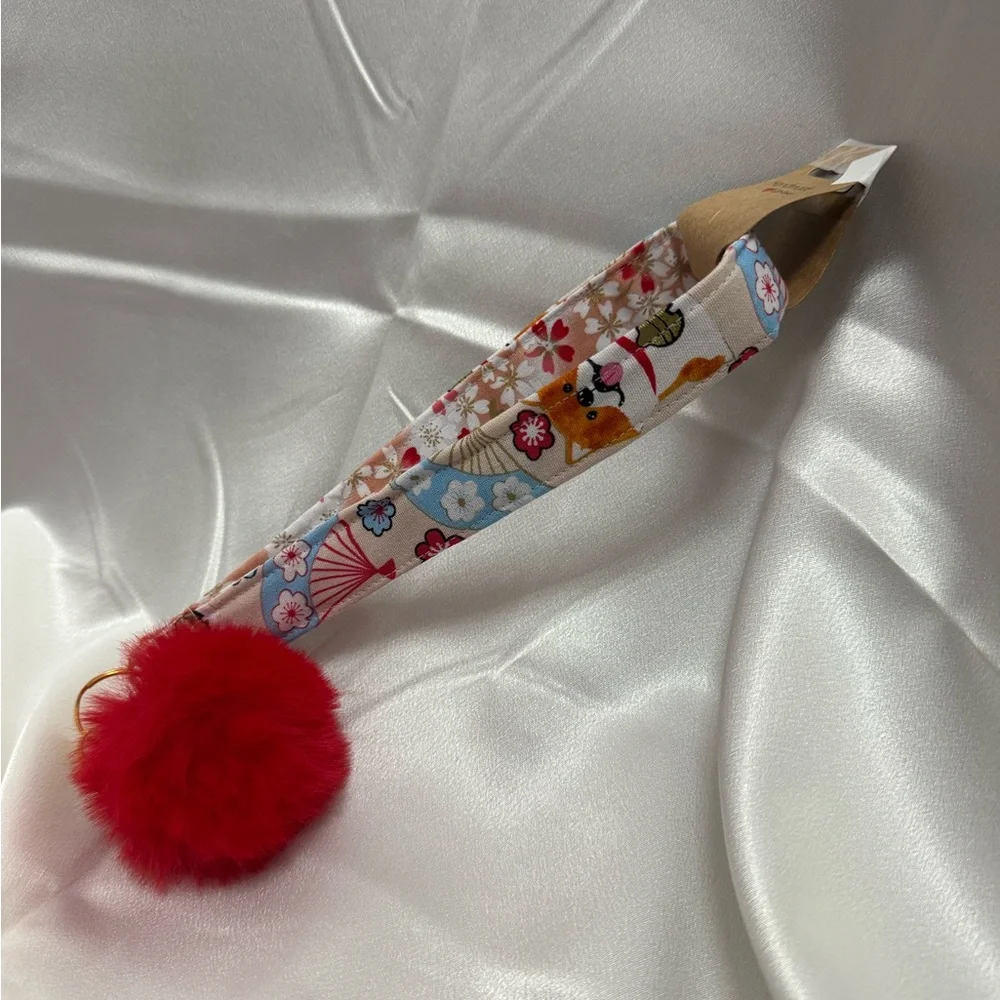 Handmade Shiba Inu and Cherry Blossom Floral Wristlet Keychain with Red Pompom